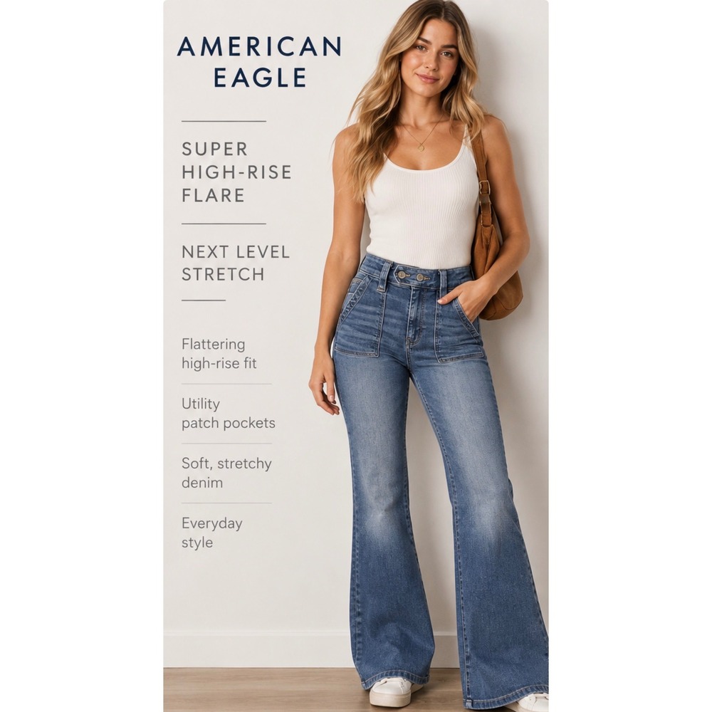 American Eagle Super High-Rise Flare Jeans Medium Wash Utility Patch Pocket 2S